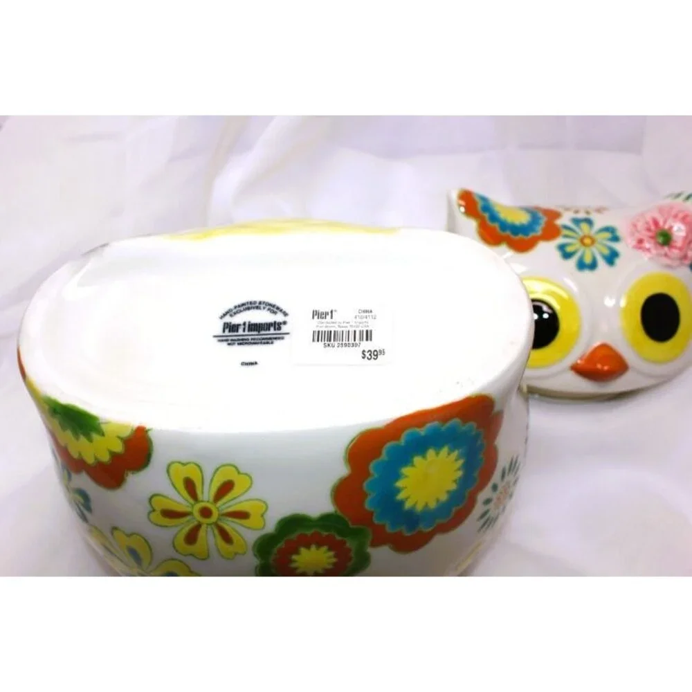 D/C'd Pier 1 Imports Owl Cookie Jar Hand Painted Stoneware 9.5
